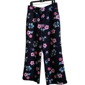 Lane Bryant Womens Floral Wide-Leg Pants Size 14 Black Pink Green Polyester Span